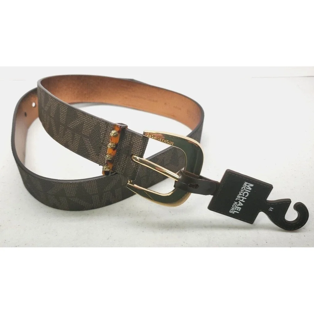Michael Kors MK Signature Belt Logo Jacquard Brown Women's Sz‎ MD NEW!